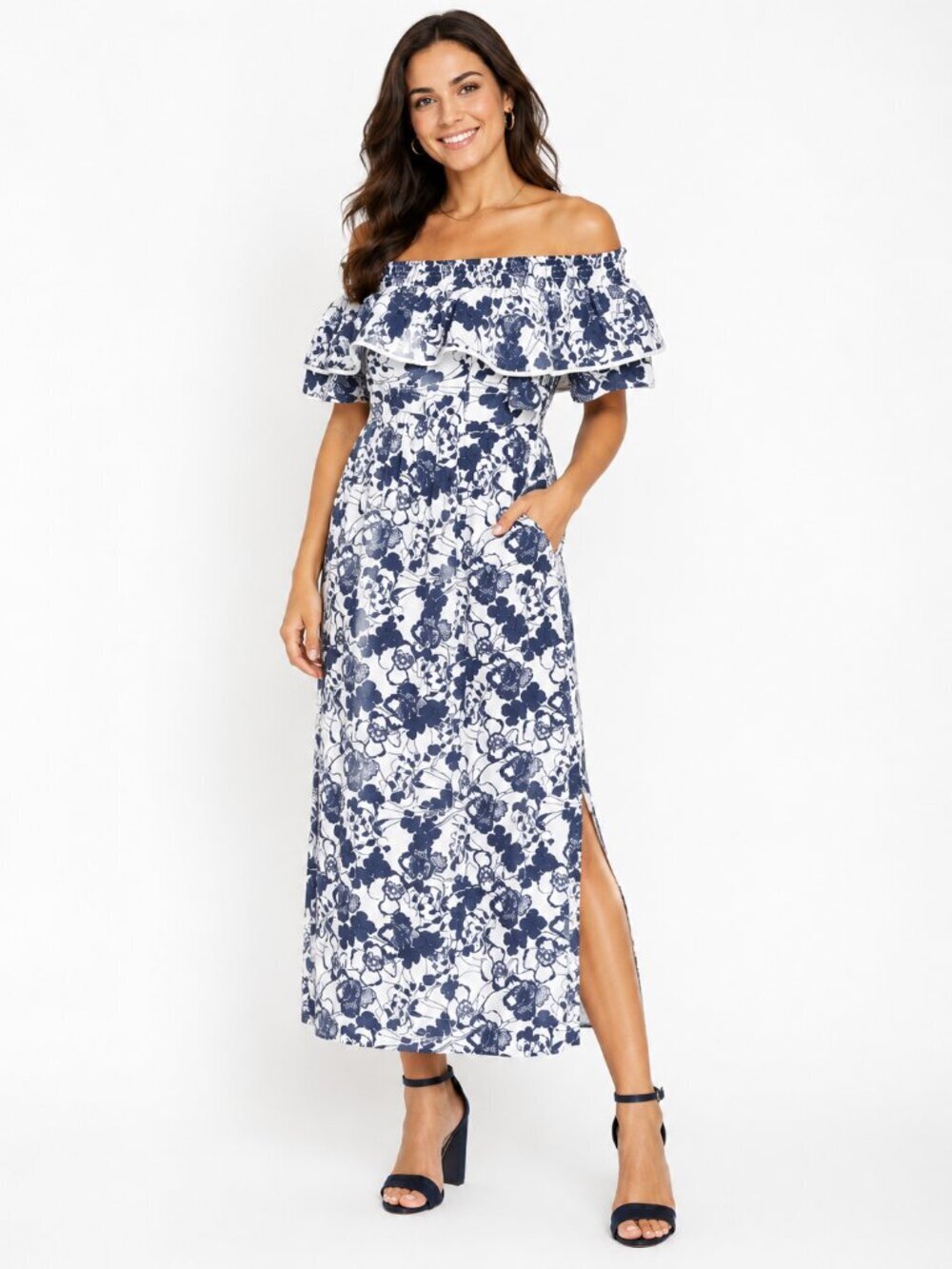CHELSEA28 White Navy Floral Maxi Dress Off the Shoulder Fairy Size 0 or 2